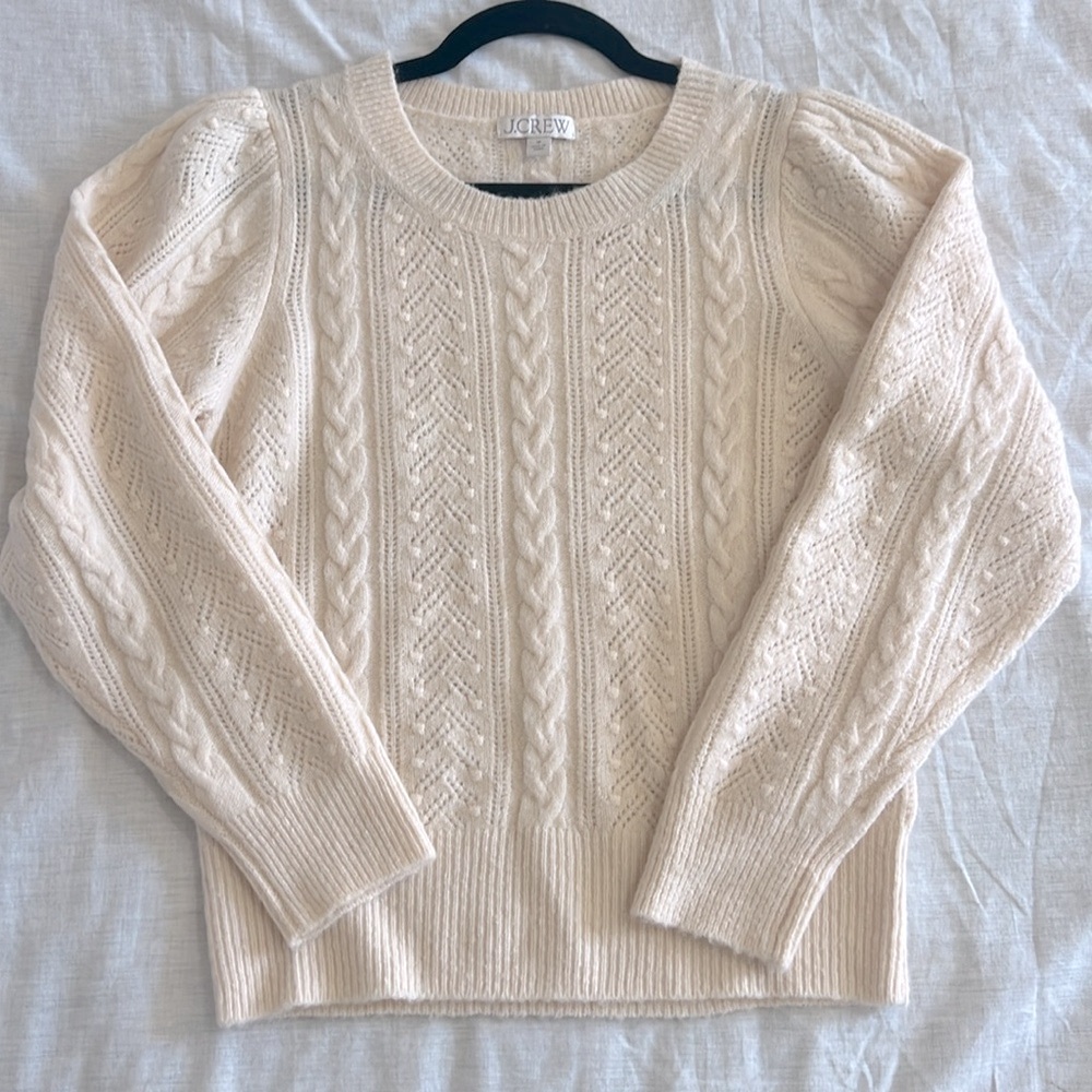 J. Crew Cable Knit Crewneck Sweater size Medium Cream